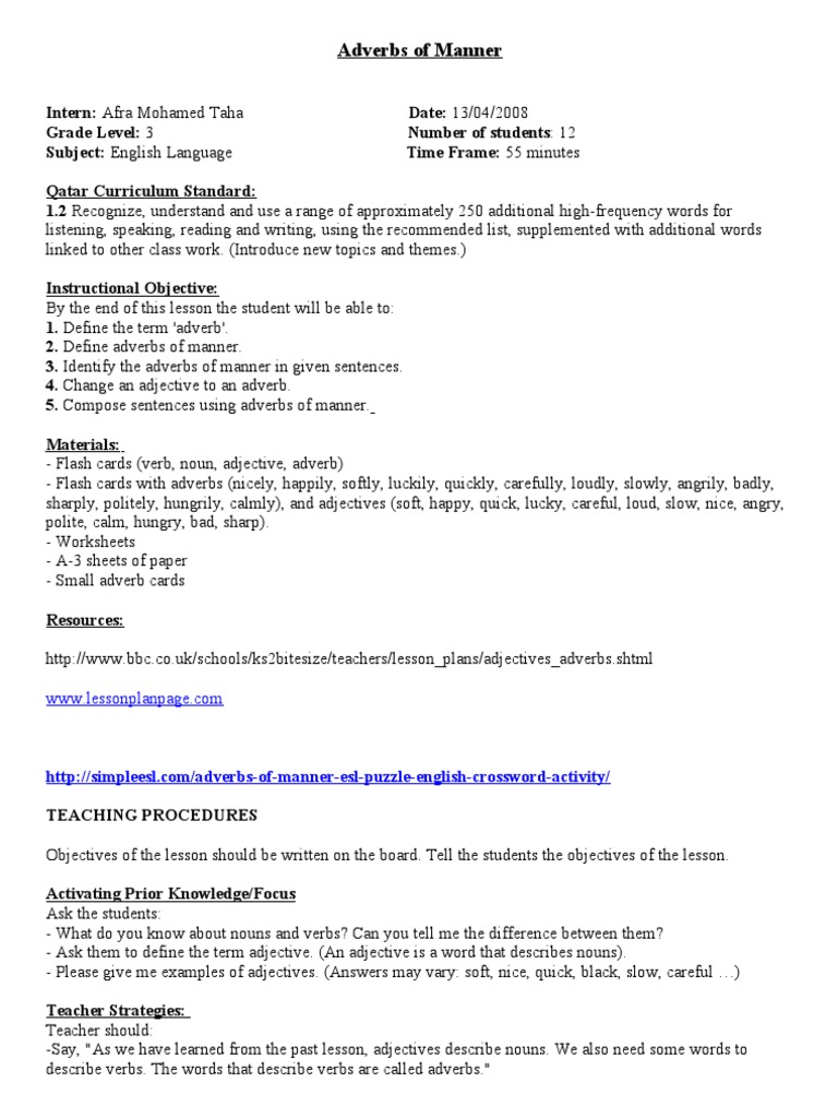 Adverbs of Manner Lesson Plan | PDF | Adverb | Verb