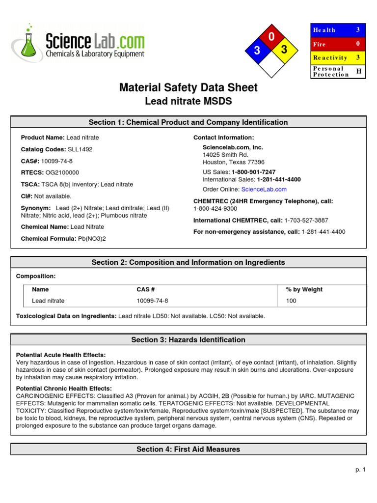 msds Pb(NO3)2 Personal Protective Equipment Fires