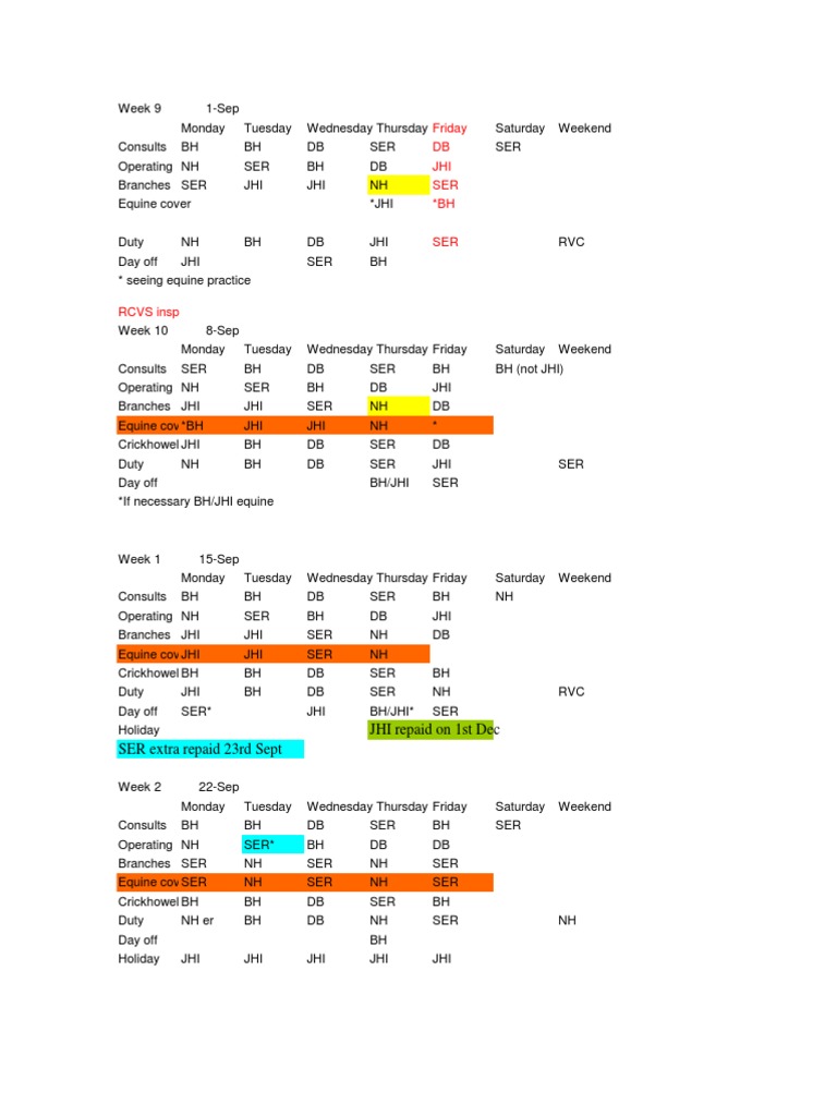 Weekly Veterinary Schedule Overview | PDF | Law | Foreign Language Studies