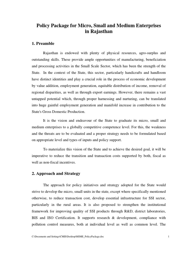 Policy Package For Micro, Small and Medium Enterprises in Rajasthan ...