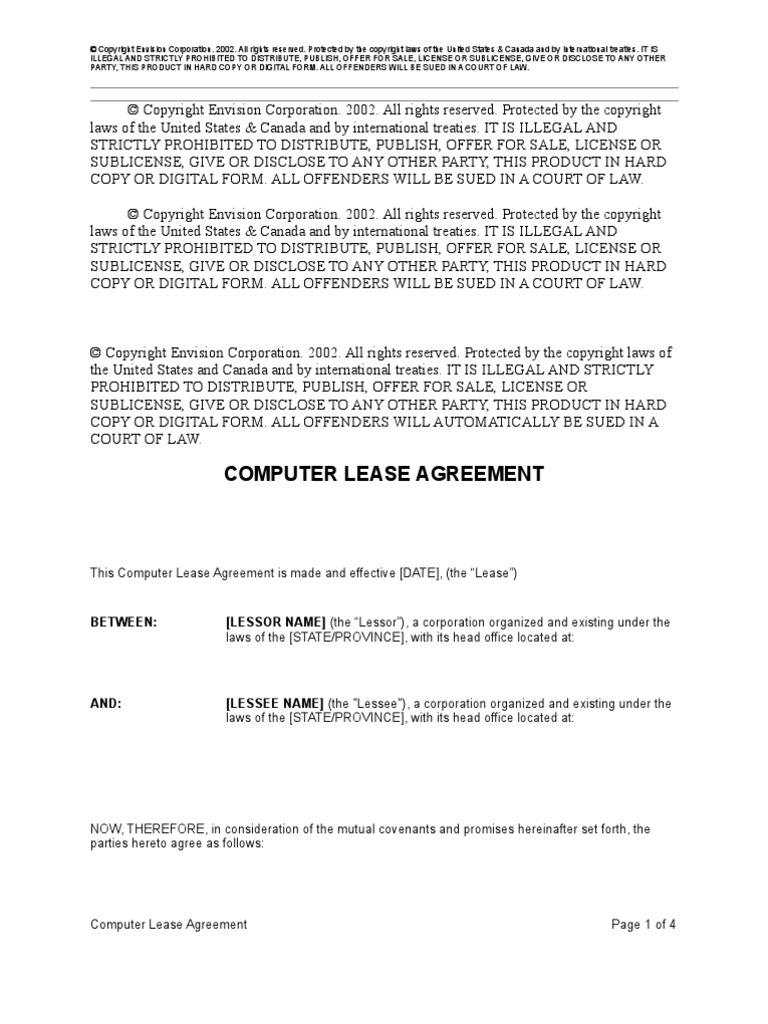 Computer Lease Agreement Lease Copyright