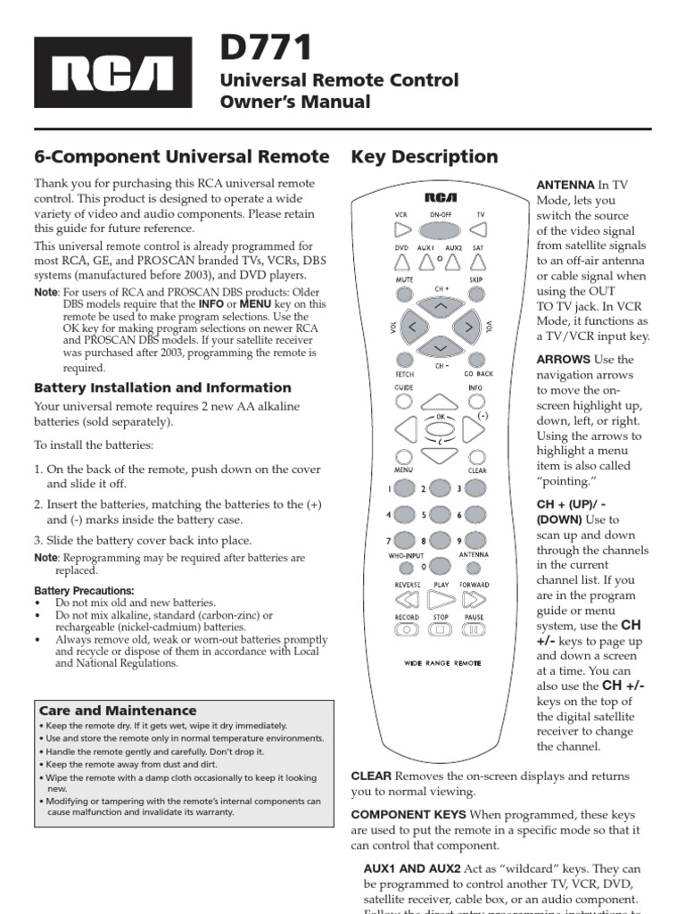 D771_OM Rca Univ Remote Manual Videocassette Recorder Remote Control