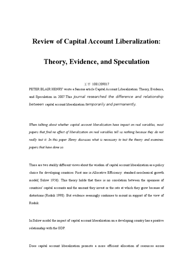Review of Capital Account Liberalization Theory, Evidence, and