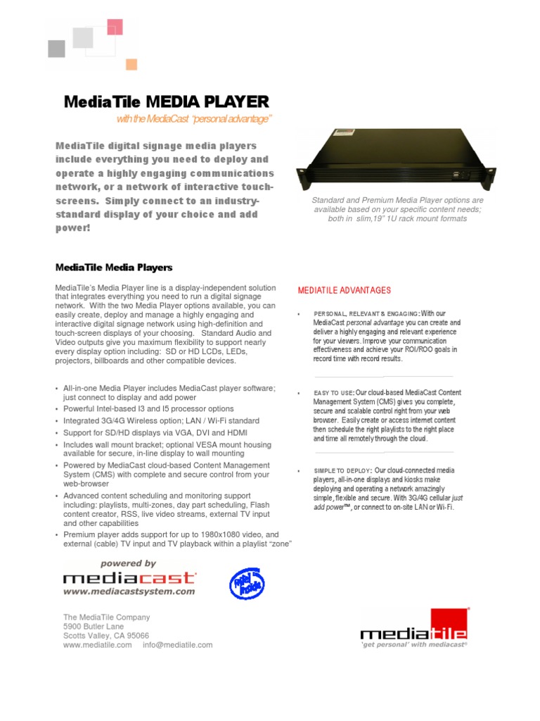 Specifications For MediaTile Media Player | PDF