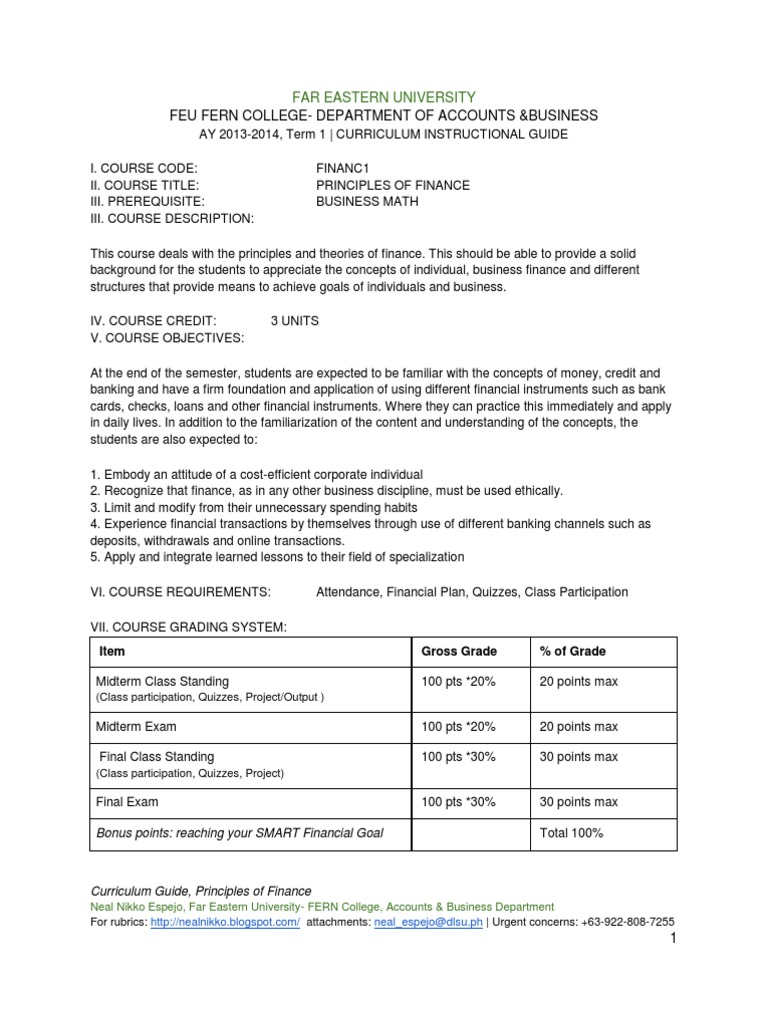 COURSE OUTLINE OF FINANCE Money Financial Transaction