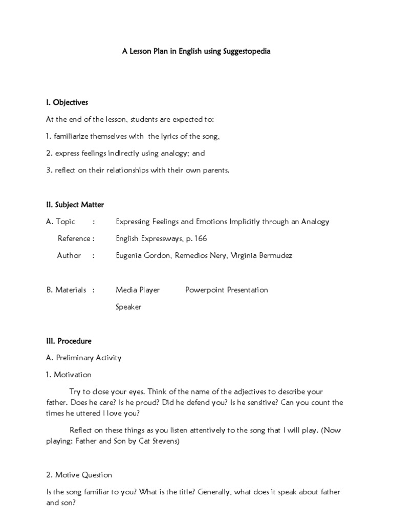 A Lesson Plan in English Using Suggestopedia PDF Analogy Lesson Plan