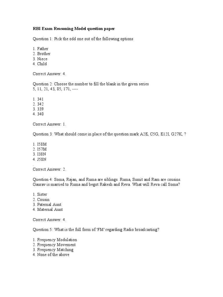 RBI Reasoning Exam Model Paper | PDF | Teaching Methods & Materials ...