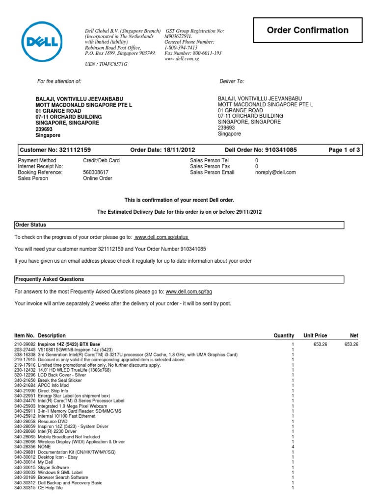 DELL INVOICE Computer Hardware Office Equipment