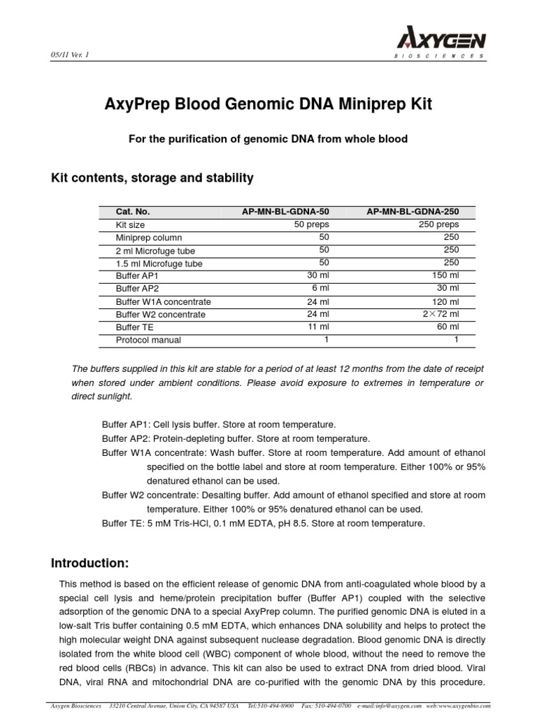 Protocol AxyPrep Blood Genomic DNA Miniprep | PDF | Dna | Life Sciences