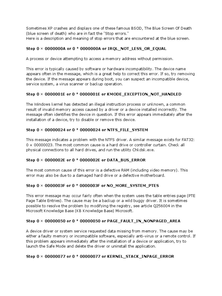 Blue Screen of Death Codes For XP | PDF | Device Driver | Operating ...