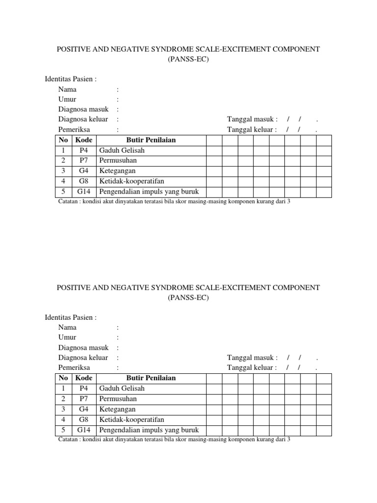 Skala PANSS-EC untuk Penilaian Psikiatri | PDF | Pengembangan Diri ...