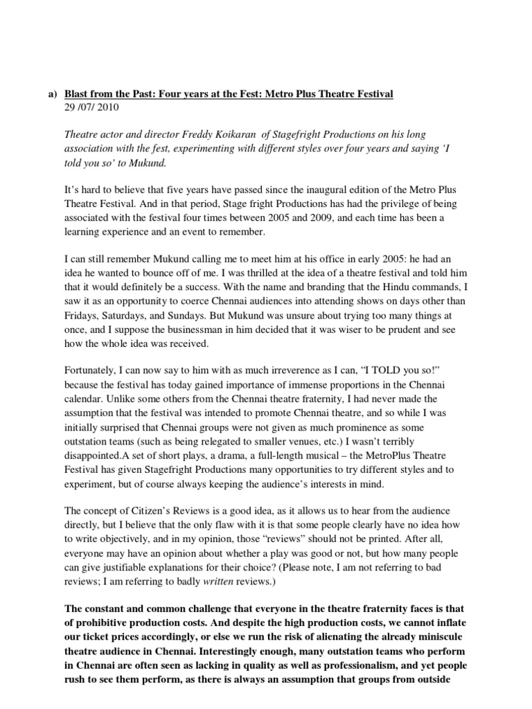 Metro Plus Theatre Festival Insights | PDF | Broadway Theatre | Theatre