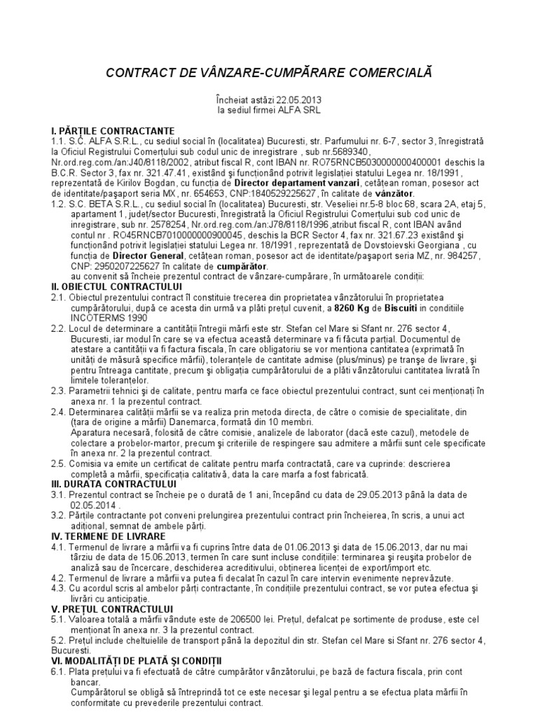 Contract De Vanzare Cumparare Comerciala Pdf