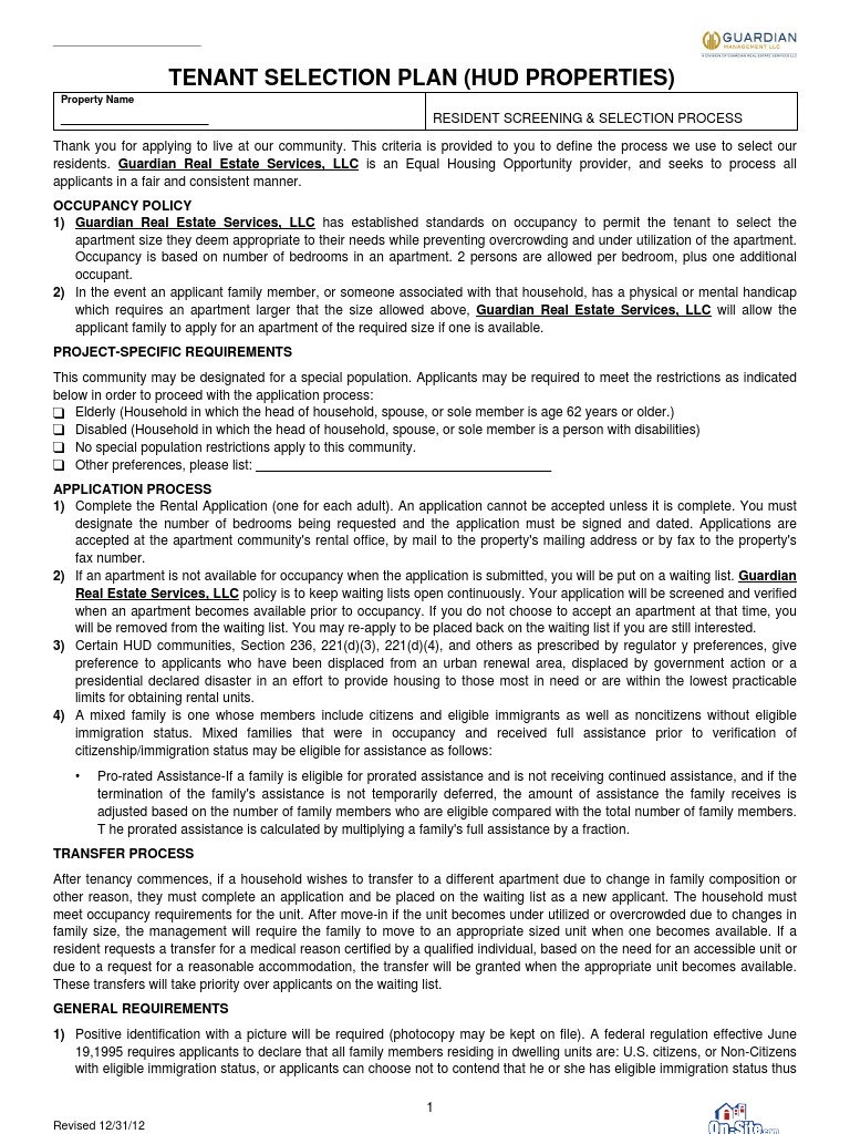 Tenant Selection Plan for HUD Properties | PDF | Section 8 (Housing ...