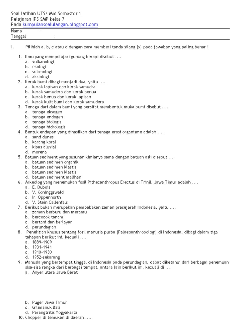 Soal Latihan UTS Ganjil IPS SMP Kelas 7 PDF