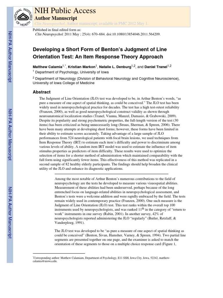 Benton Judgment of Line Orientation | PDF | Tests | Psychological Testing