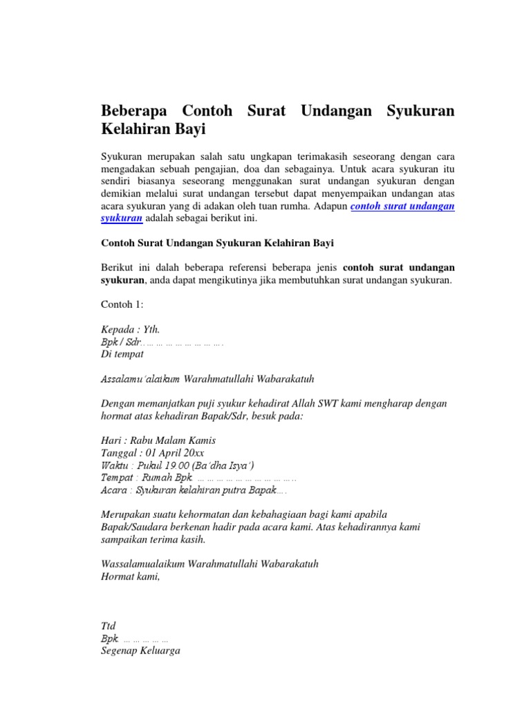 Beberapa Contoh Surat Undangan Syukuran Kelahiran Bayi Pdf
