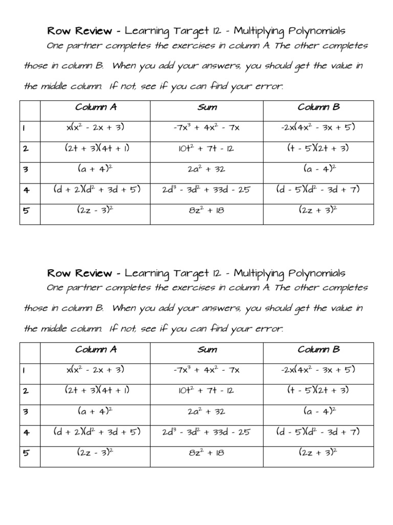 worksheet Multiplying A Polynomial By A Monomial Worksheet row game multiplying polynomials and monomials 1