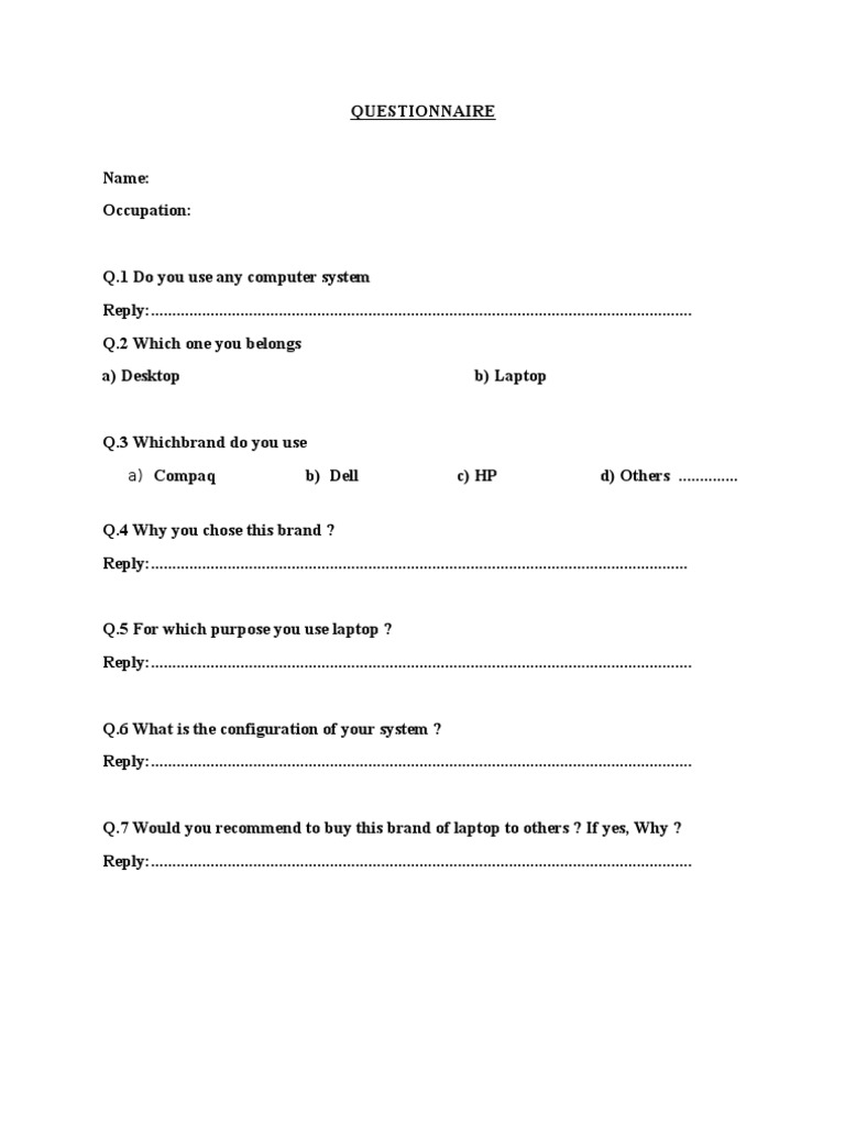 Questionnaire On Laptop Laptop Desktop Computer