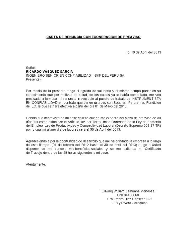 Modelo Carta Renuncia Exoneracion Preaviso  PDF