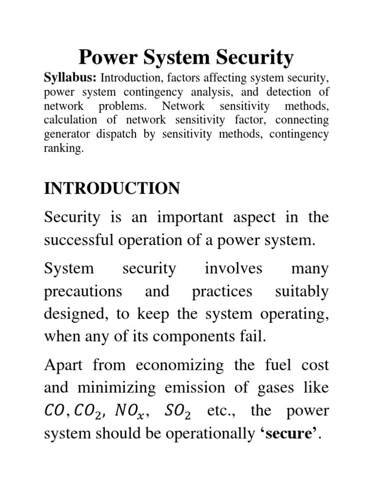 CH 2 Power System Security PDF Electric Power System Electric