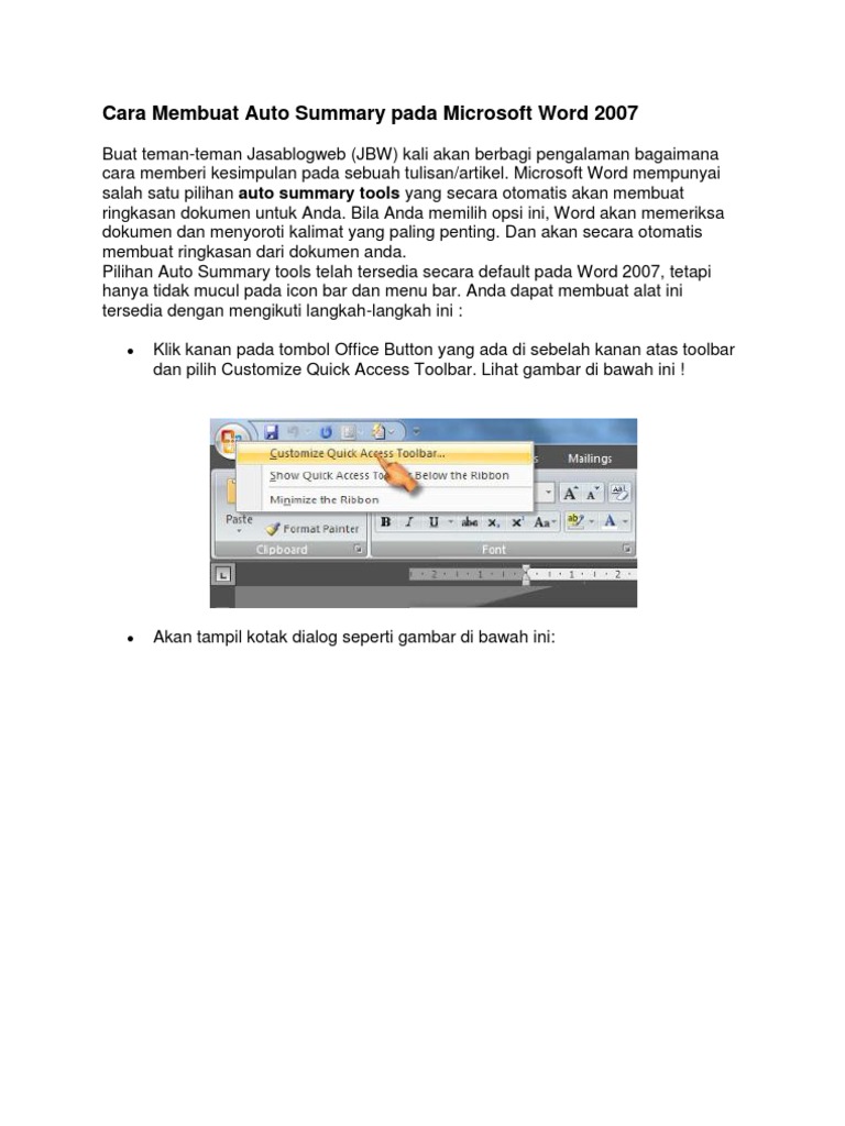 Cara Membuat Auto Summary Pada Microsoft Word 2007 | PDF | Komputer