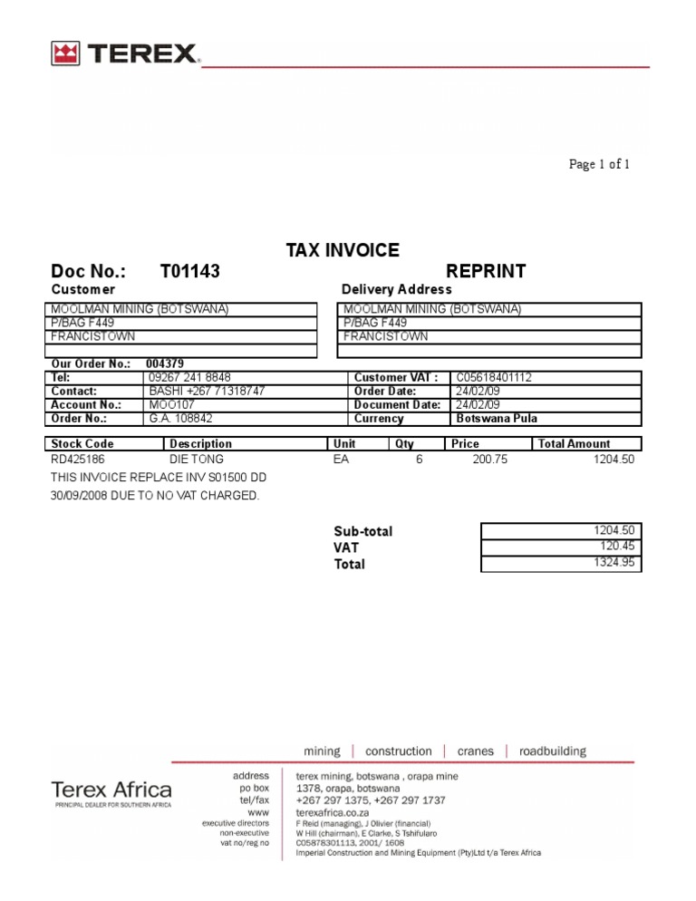 Moolman Mining Tax Invoice Reprint | PDF