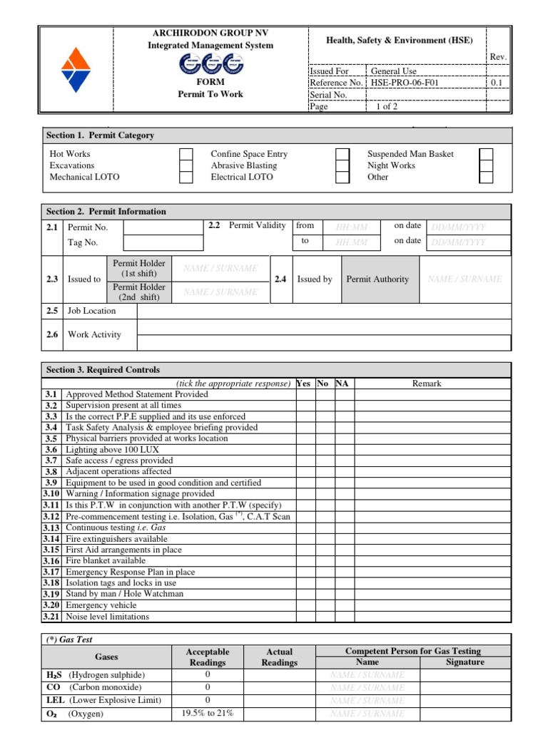 Permit to Work Gases Safety