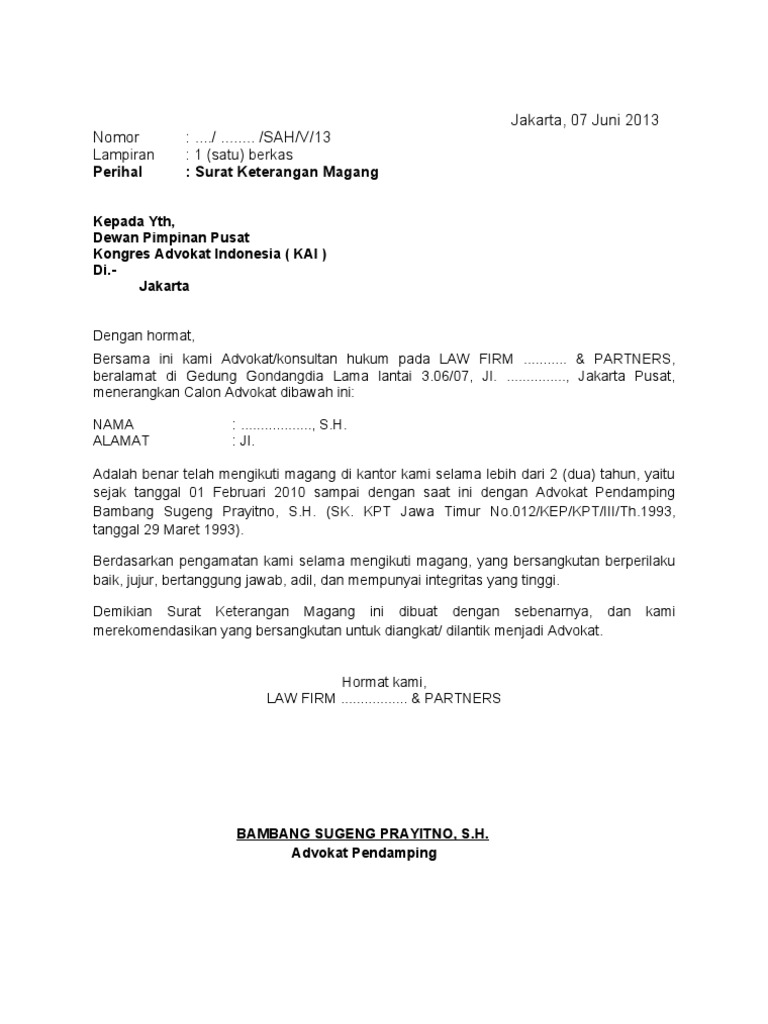 Contoh Surat Keterangan Magang Notaris Contoh Surat