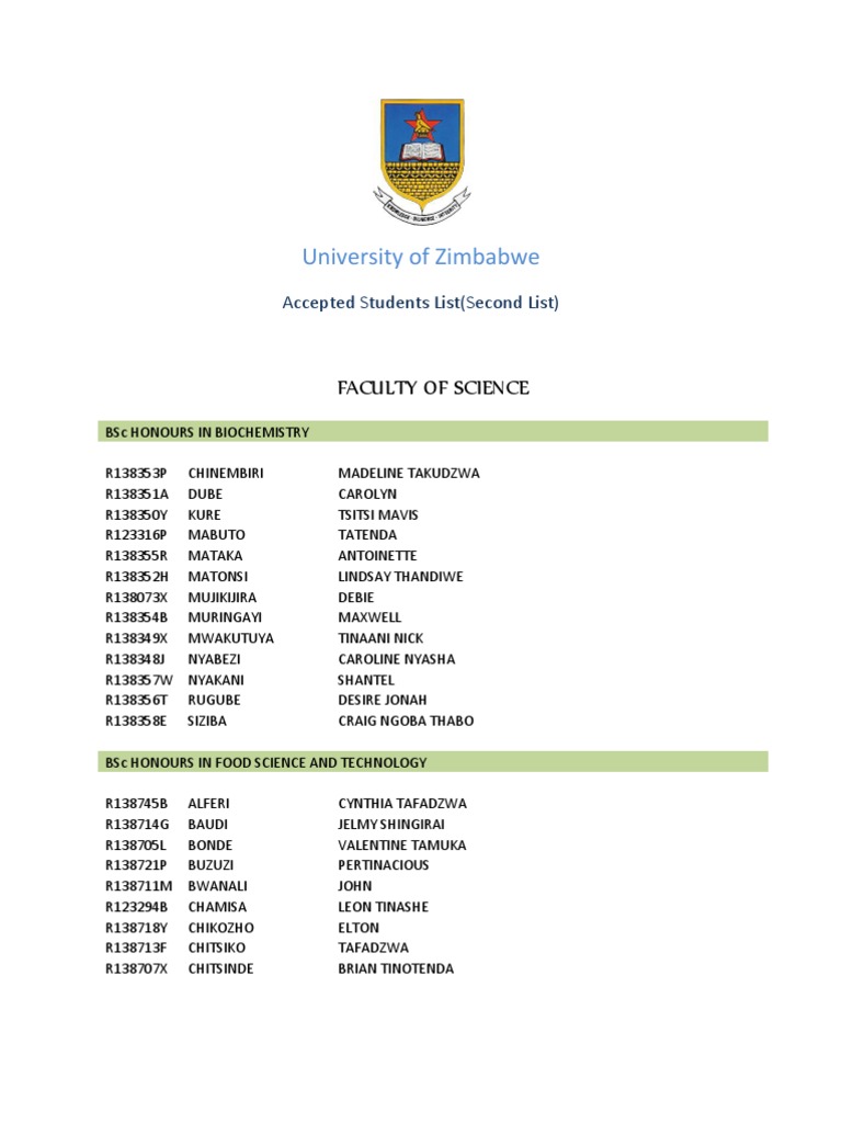 University of Zimbabwe Accepted Students 2013 (Second List) Science