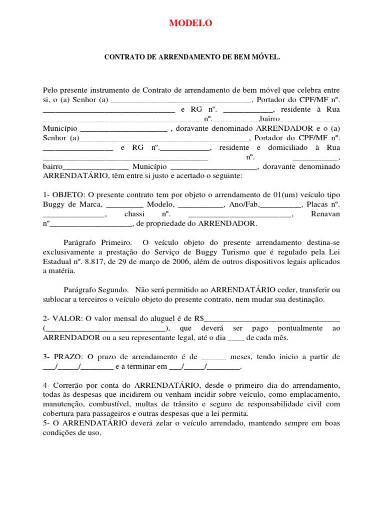 MODELO DO CONTRATO DE ARRENDAMENTO DE BEM MÓVEL. | Leasing | Contrato