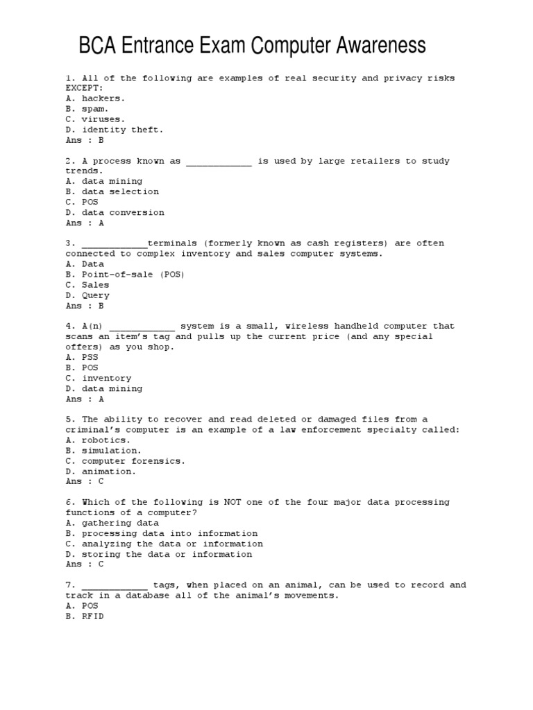 BCA Entrance Computer Awareness Paper I | PDF | Operating System ...