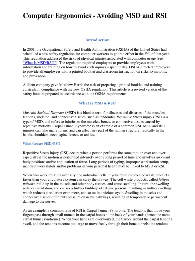 Computer Ergonomics: Preventing MSD/RSI | PDF | Chair | Computing And ...
