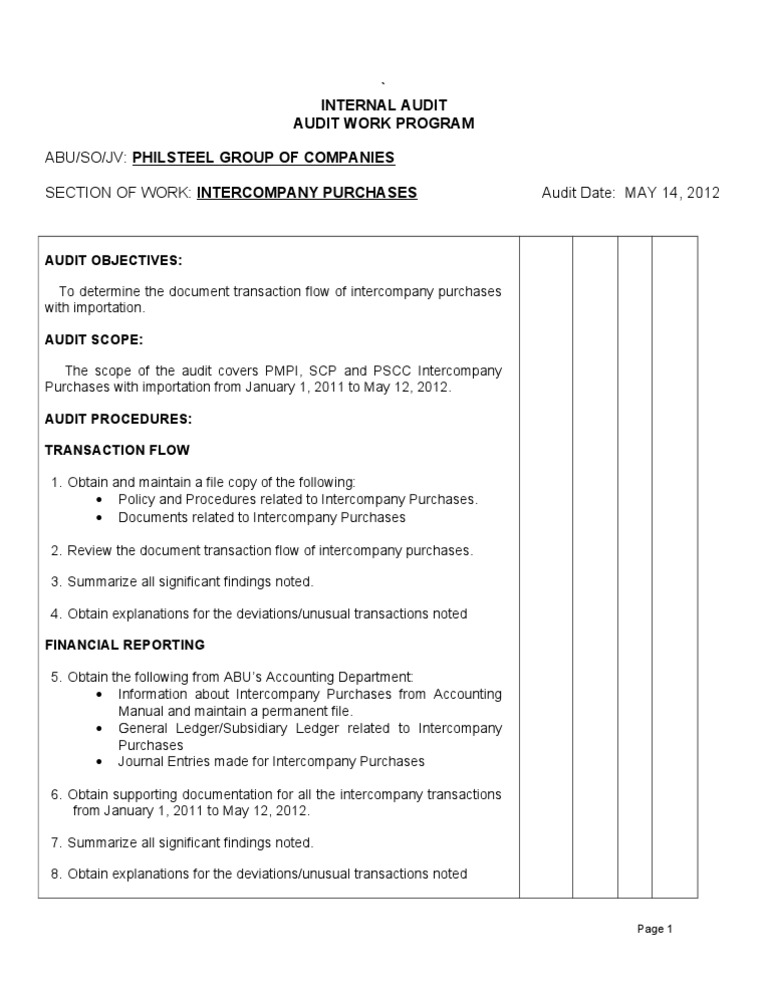 Audit Program Intercompany Purchases