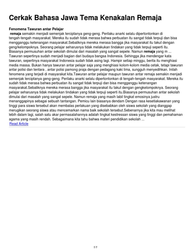 Contoh Teks Cerkak Bahasa Jawa Guru Soal