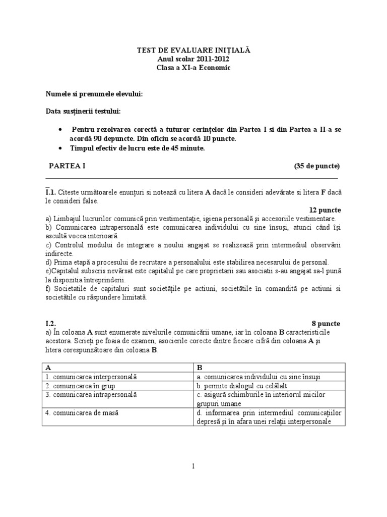TEST DE EVALUARE INIŢIALĂ - Doc Clasa A XI A | PDF