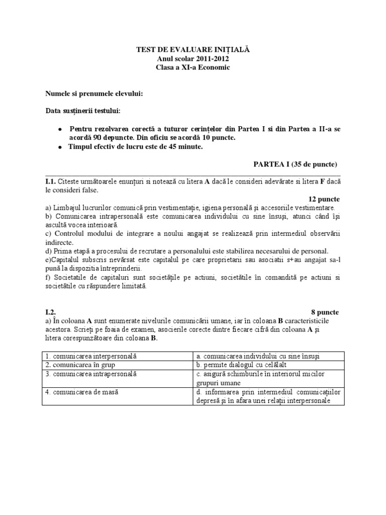 TEST DE EVALUARE INIŢIALĂ - Doc Clasa A XI A.discipline Economice | PDF