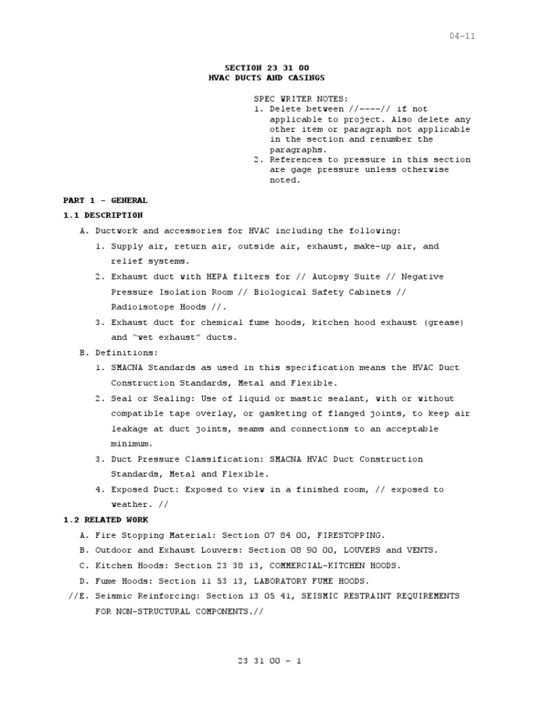 Manual for Duct Work Specifications | Duct (Flow) | Hvac