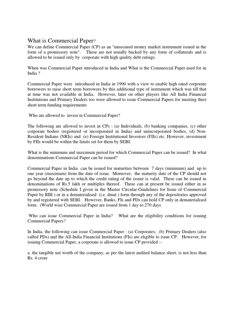 What Is Commercial Paper PDF Commercial Paper Economic Institutions