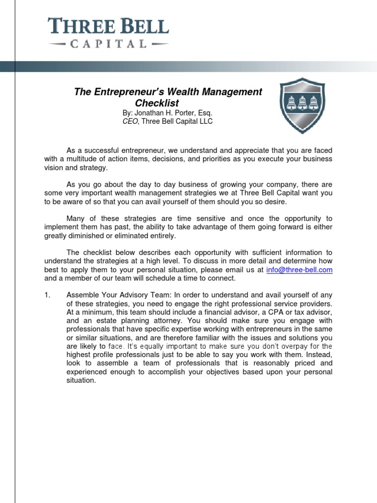 Entrepreneurs Wealth Management Checklist | PDF | Limited Liability ...