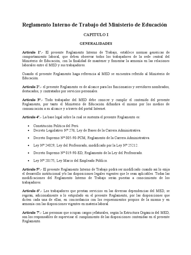 Reglamento Interno del Ministerio de Educación | PDF | Derecho laboral ...