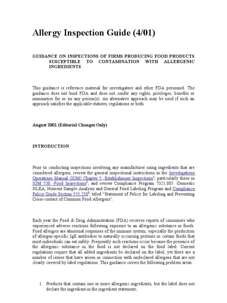Allergy Inspection Guide PDF Allergy Food And Drug Administration