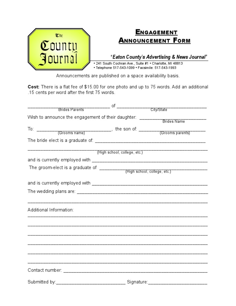 Engagement Announcement Form | PDF | Rites Of Passage | Social Conventions