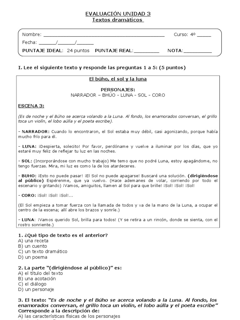 Prueba Texto dramatico 4° basico
