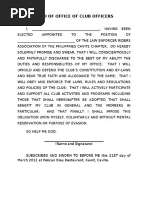 Oath Of Office Of Club Officers Pdf Oath Of Office Public Law