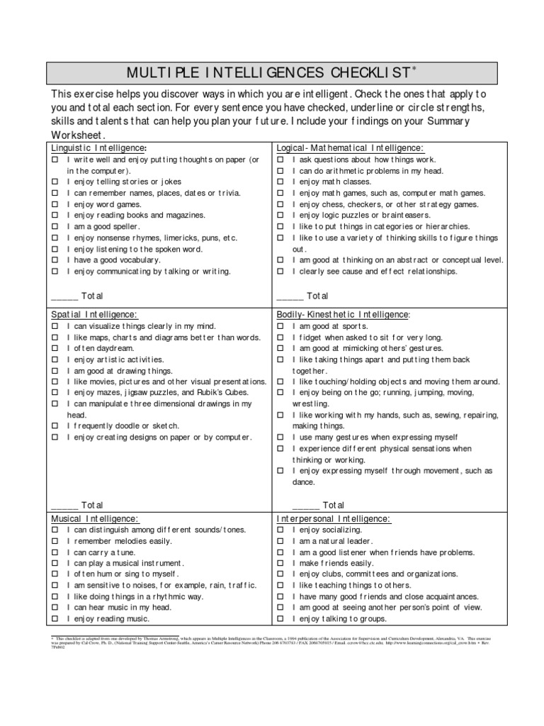 Multiple Intelligences Checklist | PDF | Intelligence | Teaching ...
