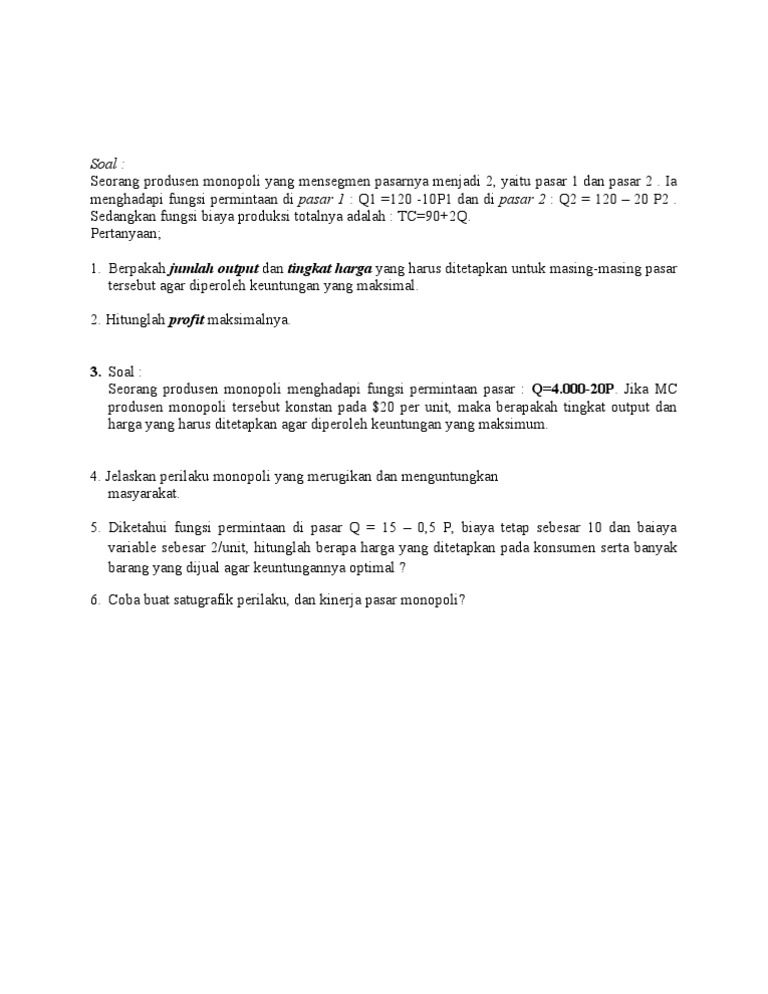 Contoh Soal Ekonomi Manajerial Pasar Monopoli Kumpulan