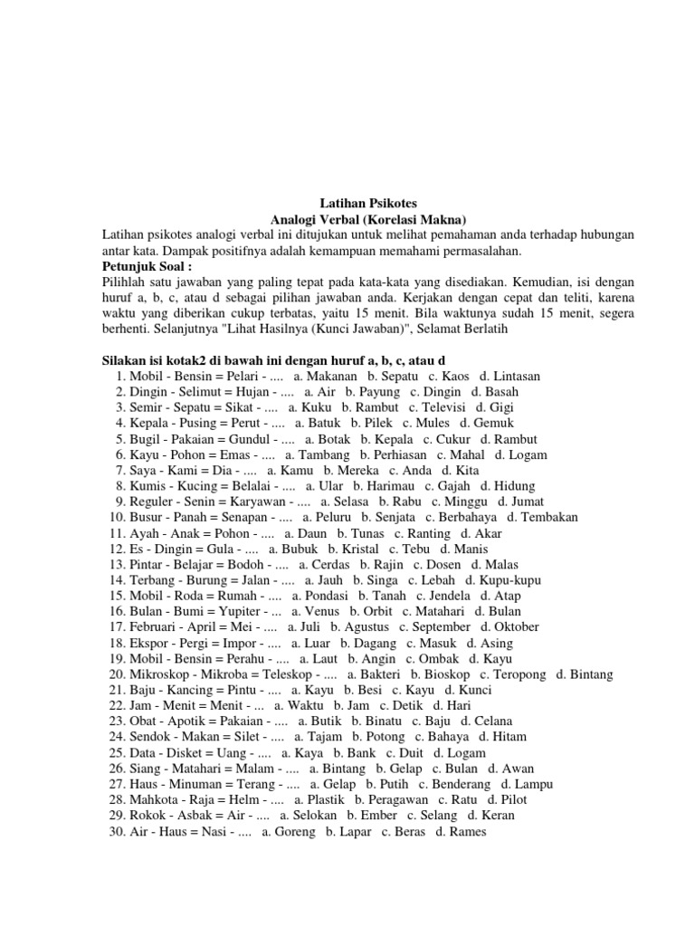 Test Analogi Verbal Korelasi Makna Pdf