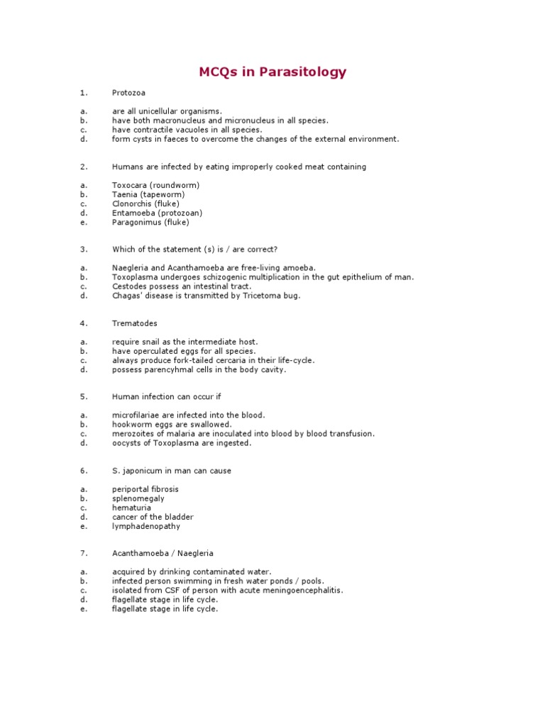 MCQs in para (With Answers) Malaria Infection