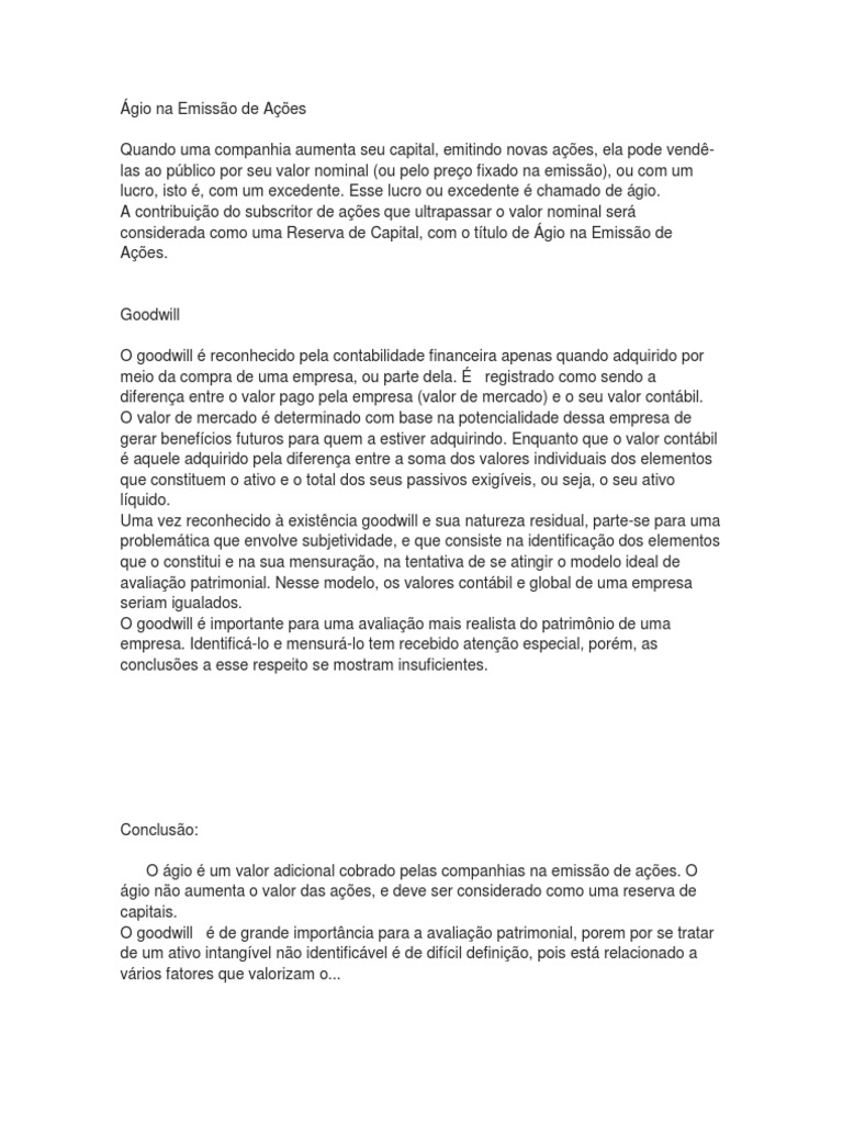 Ágio na Emissão de Ações: Conceitos e Cálculos | PDF | Patrimônio de ...